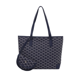 Navy blue printed tote bag set with geometric Y-pattern and matching coin pouch