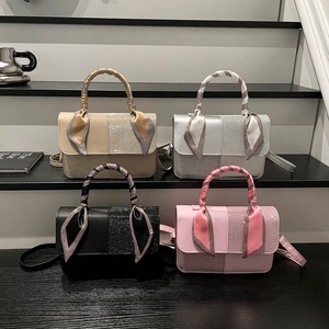 Chic glitter patchwork tote bags with silk scarf wrapped handles in four elegant colors