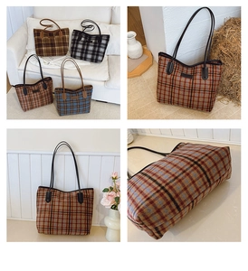 Collage of four vintage wool plaid tote bags in various autumn colors and textures