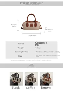 Detailed size chart for retro canvas bowling bag featuring dimensions and material specs