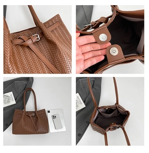 Detail of brown woven tote bag featuring magnetic closure and premium PU leather texture