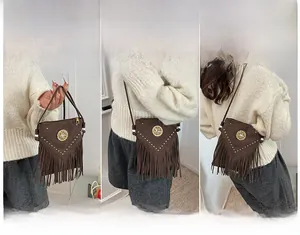 Brown tassel saddle bag with gold studs shown in three stylish carrying ways