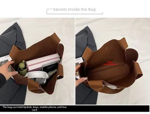 Spacious brown tote bag interior showing capacity for books, umbrella and phone