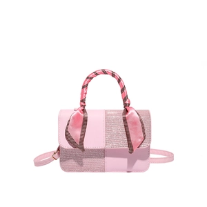 Pink patchwork glitter handbag with silk scarf handle and adjustable shoulder strap