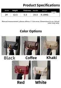Detailed size parameters and color options for the croc-embossed baguette shoulder bag