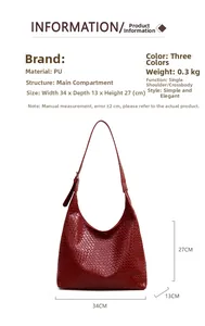 Detailed view of red woven PU leather hobo tote with size specs 34cm x 13cm x 27cm