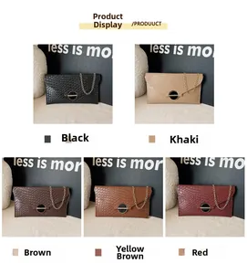 Detailed grid of woven PU leather crossbody bags with metal chains in five elegant colors
