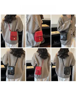 Collage of chic red and black PU leather square cross-body bags with metal charms