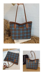 Close-up of contrast plaid woven fabric and premium brown leather trim on tote bag