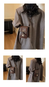 Detailed views of a dark brown glossy synthetic leather crossbody phone bag for women