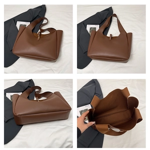 Detailed views of a dark brown leather tote bag showing spacious interior and metal buckle