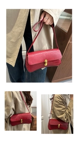 Detail of red crocodile texture underarm bag with elegant gold metal buckle closure