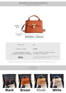 Detailed chart showing PU leather Kelly bag dimensions, four colors, and crossbody straps