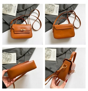 Detailed four-way view showing the front, back, and sides of this tan faux leather satchel bag