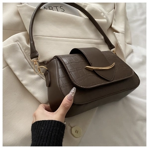 Detailed shot of dark brown crocodile pattern texture and golden metal buckle on a handbag
