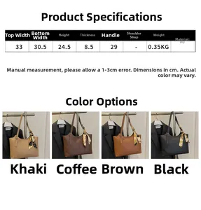 Detailed size chart and dimensions of the large PU tote bag with silk scarf handle