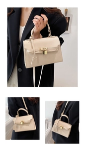 Detail view of cream lychee leather handbag with gold padlock in various styling poses