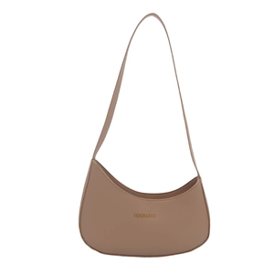 Minimalist beige crescent shoulder bag with FASHION & BAGS gold lettering detail