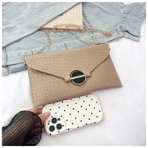 Detail view of woven envelope bag with gold chain strap and stylish round metal clasp