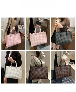 Collage of chic tote bags with M-letter prints in pink, black, cream, and brown