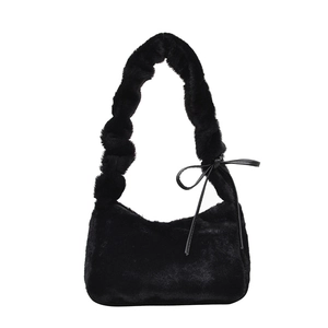 Chic black plush underarm bag for women with a stylish ribbon bow on the shoulder strap