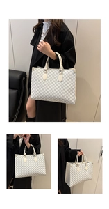 Detailed views of a beige large-capacity tote bag with grey monogram pattern and top handles