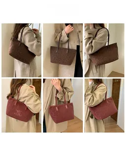 Multiple views of leopard print tote bags in brown and wine red with embossed logos
