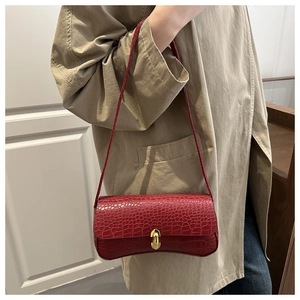 Detail of red crocodile texture shoulder bag with premium golden metal clasp