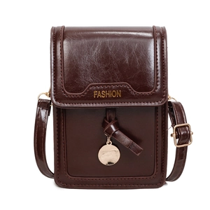 Dark brown oily leather crossbody cell phone bag with fashion gold metal pendant charm