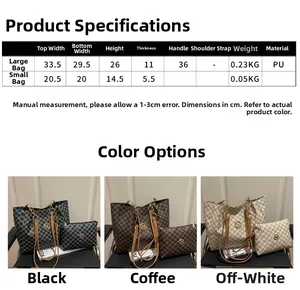 Size chart detail for large PU leather tote bag and matching inner pouch with measurements
