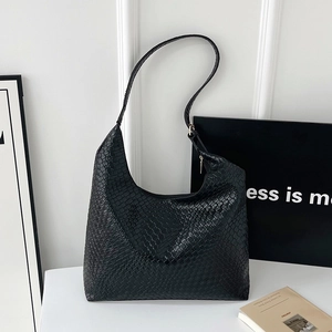 Modern black woven leather hobo shoulder bag with large capacity for daily commute