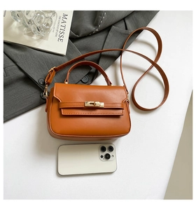 Borsa in pelle marrone con chiusura dorata, accanto a uno smartphone per riferimento taglia
