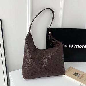 Minimalist dark brown woven leather hobo tote bag for women with adjustable strap
