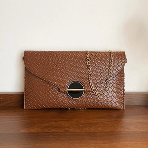 French style brown woven leather crossbody bag with elegant gold chain and vintage buckle