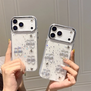 Transparent Glitter Phone Case For IPhone With 3D Laser Cherry Stars Decor Electroplated Frame Protective Back Cover
