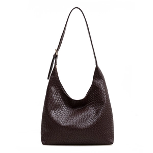 Minimalist deep brown woven hobo shoulder bag with elegant gold adjustable hardware