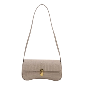 Minimalist beige crocodile pattern underarm bag with gold metal buckle and long strap
