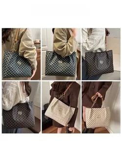 Models showing stylish monogram tote bags with chain straps in black, brown, and beige
