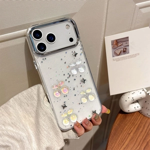 Glitter transparent iPhone case with 3D cherry beads and silver star sequins