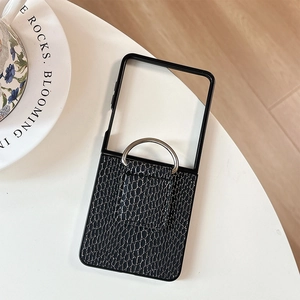 Detail of black faux snake texture phone case with metal ring for Galaxy Z Flip series