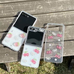 Samsung Galaxy Z Flip Fold Case Transparent Glitter 3D Resin Peach Cherry Artificial Pearl Ribbon Bow Tie Protective Soft Cover