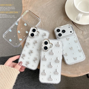 Custodia glitter trasparente per iPhone 16 Pro con motivi di ciliegie e farfalle