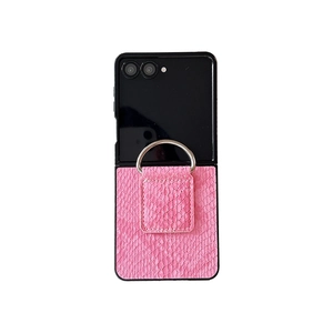 Black and pink snakeskin folding phone case with silver metal ring for Galaxy Z Flip