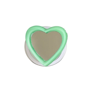 Mint green heart-shaped phone grip with a built-in makeup mirror and foldable stand