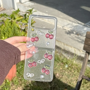 Glitter case for Samsung Galaxy Z Flip with 3D cherry and pearl bow charm