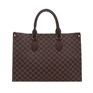 Brown vintage tote bag with M-letter monogram pattern and durable leather handles
