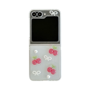 Glitter case for Samsung Z Flip5 with 3D cherry patterns and pearl bow decorations