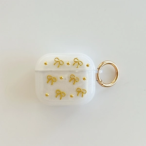 Macro di custodia Airpods glitterata con fiocchi dorati 3D e gancio circolare in metallo