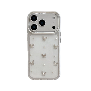 Custodia glitter per iPhone 16 Pro con farfalle argentate e decorazioni in perle