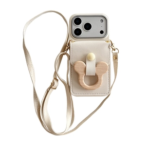 Custodia iPhone in pelle bianco sporco con tracolla, porta carte e decoro testa di topo